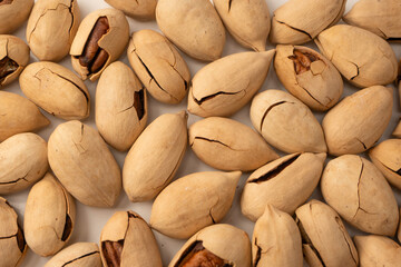 Pecan-nut in a shell isolated on white background. Top view.