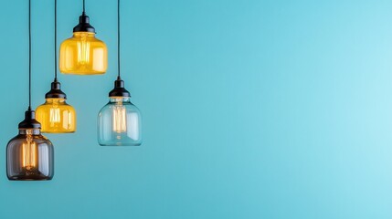 Hanging vintage edison lamps against teal background