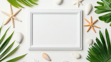 White frame surrounded by tropical leaves seashells and starfish