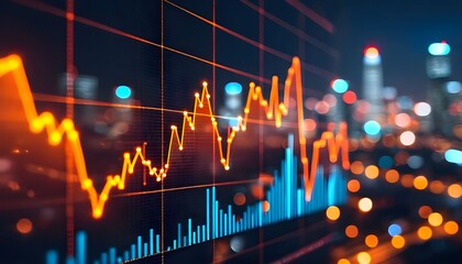 Fluctuating stock market graph overlaid on a blurred cityscape at night, showing economic trends and urban development.