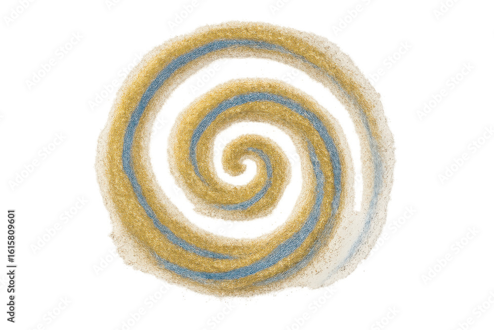 Poster glimmering golden, blue glitter particles swirling dynamically, creating elegant spiral pattern agai