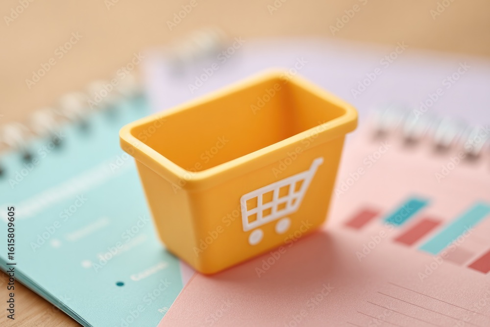 Poster flat lay of shopping cart icon next to recommendation algorithm flowchart and analytics notes copy s