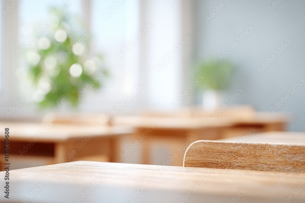 Aufkleber minimalistic language school classroom with empty desks whiteboard and scattered language books shot