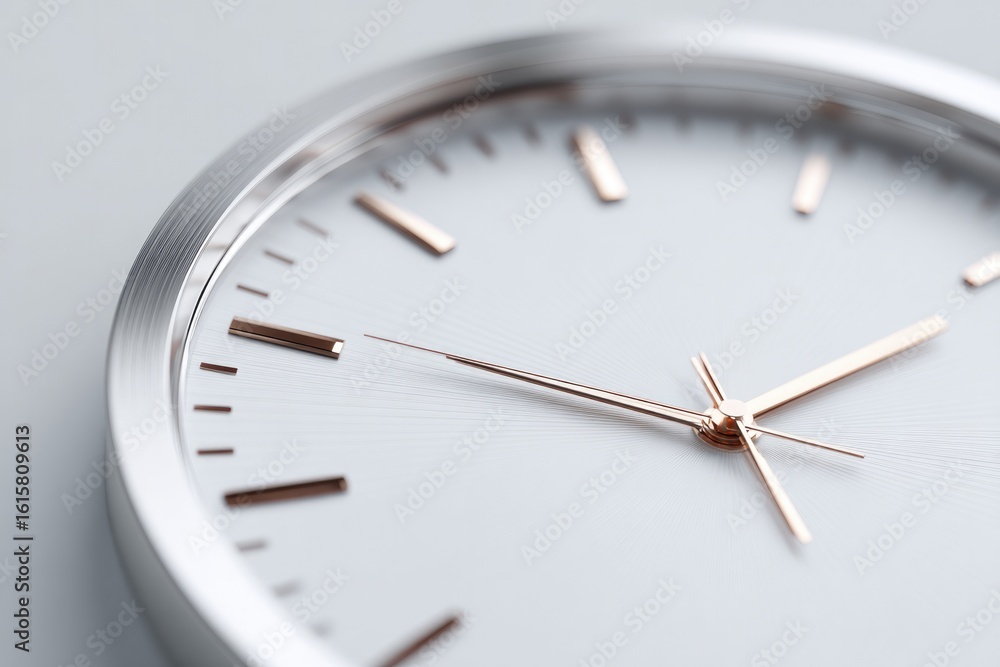 Poster minimalist image of metallic clock hands pointing to midnight high-contrast face with soft shadow an