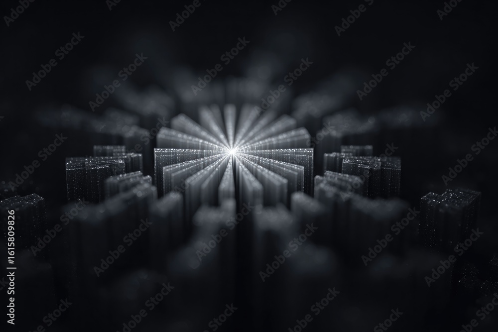 Poster fractal wave pattern radiating in hexagonal symmetry monochrome tones and central focus with copy sp