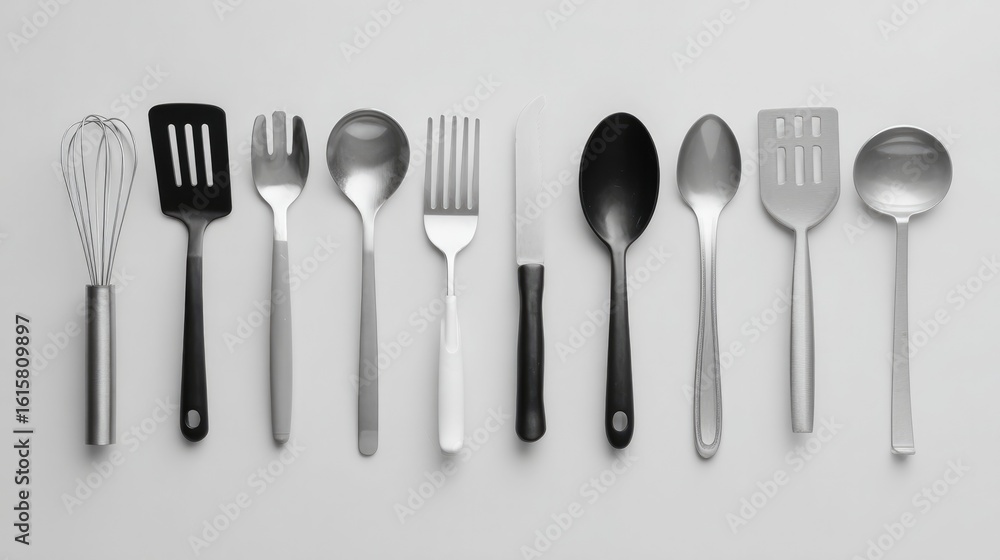 Aufkleber collection of diverse kitchen utensils featuring minimalistic layout arranged in simple pattern on p