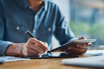 Chinese businessman taking digital notes or making edits to project plan using modern tablet device, reviewing new software, learns lists tasks to-do through corporate application working in office