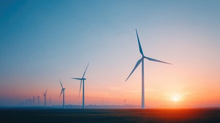 Fototapeta premium sunset over field of wind turbines equally spaced against clear sky