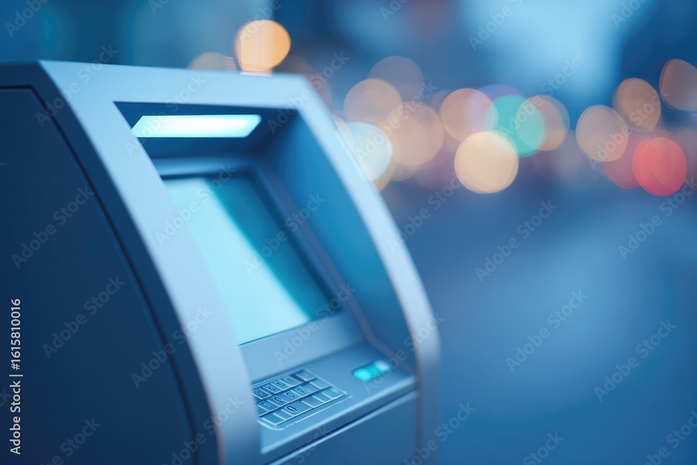 Poster minimalistic close-up of modern atm machine in urban setting