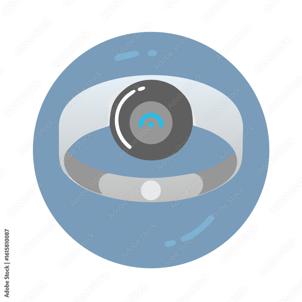 Poster illustration of a smart ring device with a circular display on a blue circular background design