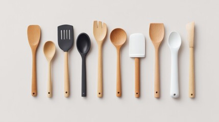 collection of diverse kitchen utensils featuring minimalistic layout arranged in simple pattern on plain background