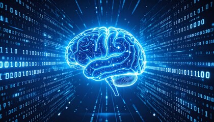 3D render of a glowing AI brain representing a large language model, surrounded by data streams and binary code in cool blue tones, with a futuristic tech design.