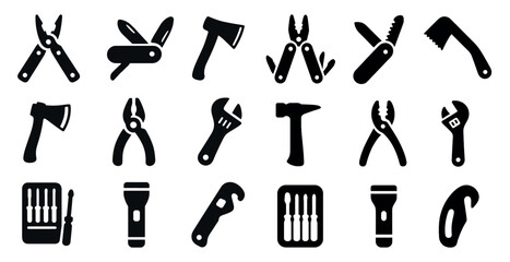 Obraz premium Collection of tools and equipment, including a hammer, pliers, and a knife. Concept of utility and practicality