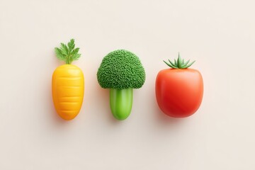flat 3d view of vegetable set carrot broccoli and tomato grouped symmetrically on white