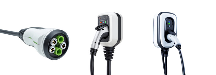 Electric vehicle charging plugs and stations showing different connection options