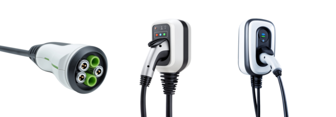 Electric vehicle charging plugs and stations showing different connection options