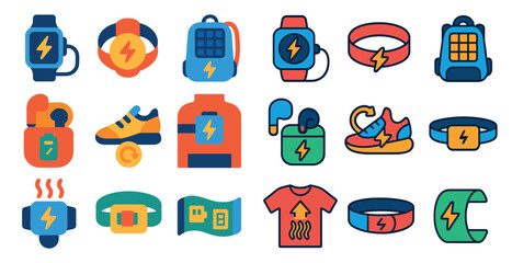 Collection of various items related to fitness and technology. The items include a watch, a backpack, a wristband, a pair of shoes, and a shirt. Scene is energetic and active