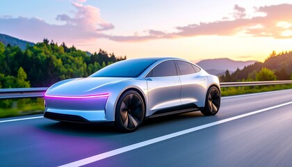 Sleek Electric Car Driving on Scenic Highway at Sunset.