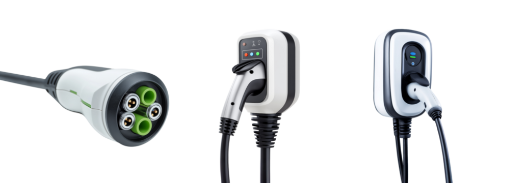 Electric vehicle charging plugs and stations showing different connection options