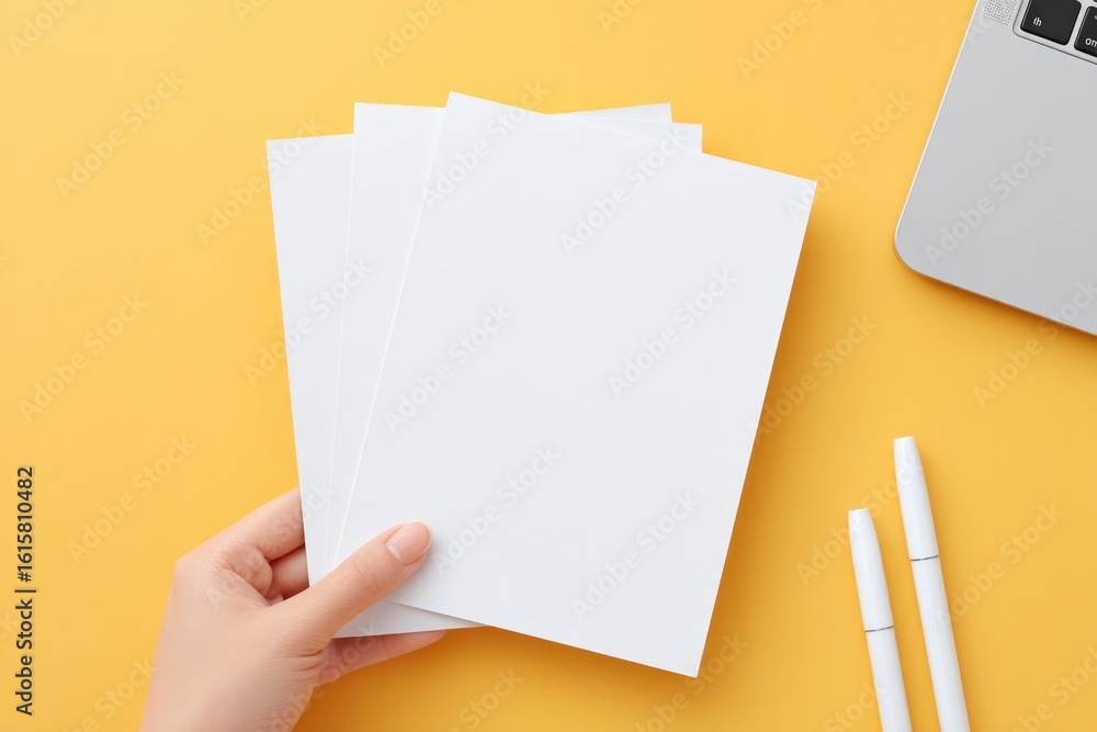 Aufkleber overhead shot of simple minimalistic desktop with overlapping sheets of white paper sleek pens and c