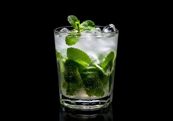 Refreshing Mojito Cocktail with Fresh Mint and Ice Cubes on a Black Surface