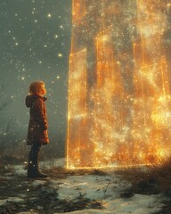 Obraz premium A child stands before a glowing portal to another dimension in the landscape