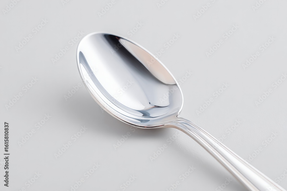 Poster distorted reflection in silver spoon set on white surface with ample copy space at top for text