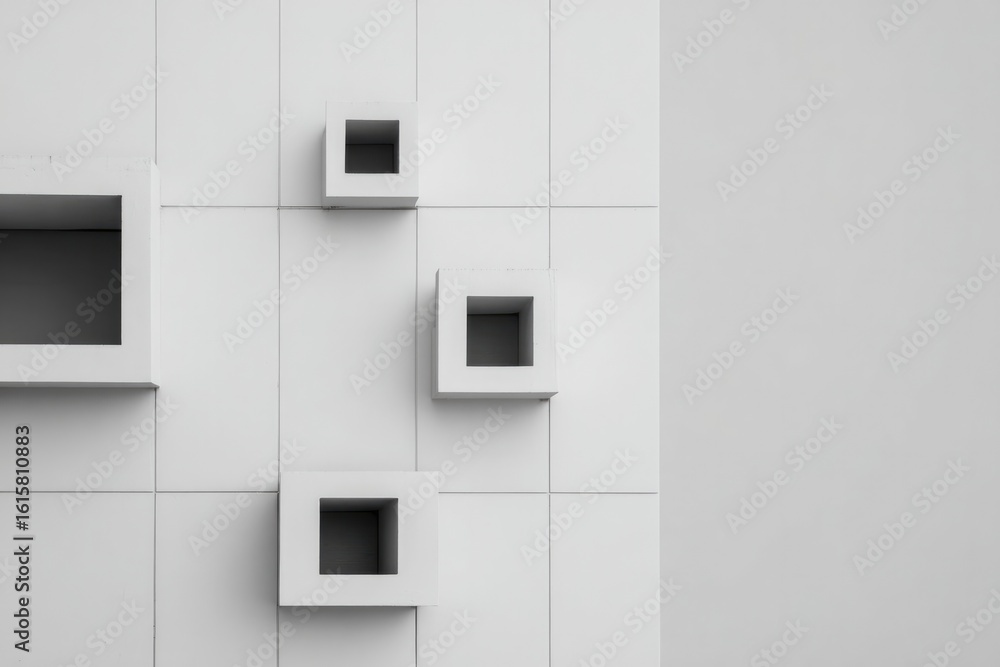 Poster minimalistic symmetrical and asymmetrical shapes strategically positioned against plain contrasting 