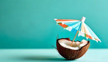 A halved coconut, acting as a tiny boat, floats on a teal surface, shaded by a colorful cocktail umbrella.