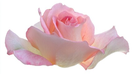 A single fully bloomed rose with soft pink gradient petals, delicate translucent edges, and densely packed inner layers,