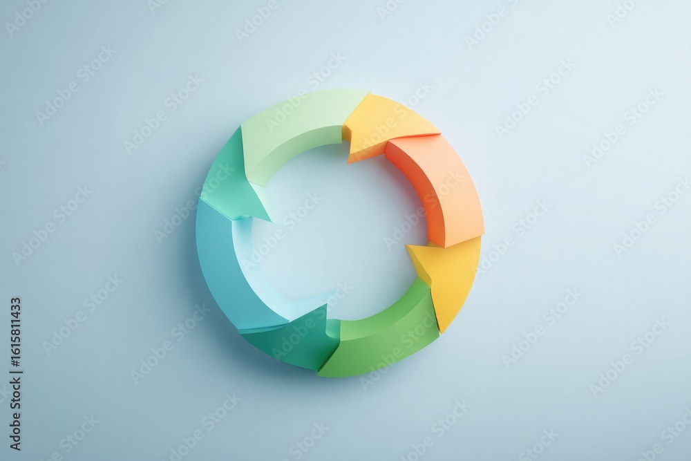 Poster circular flow of colorful arrows illustrating resource cycle and sustainability concepts minimalisti