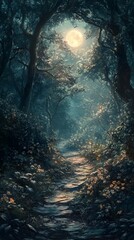 Walking Path Through Forest Under Moonlight Fantasy Scene