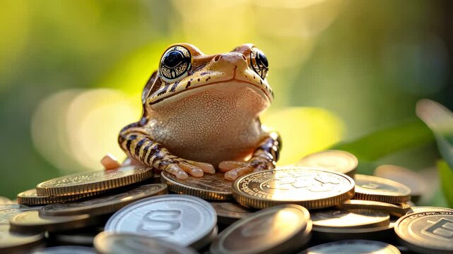 frog sitting on coins. Selective focus. business.
