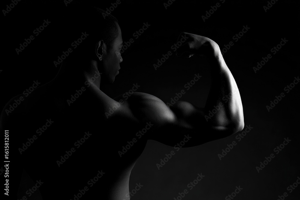 Poster silhouetted bodybuilder flexing muscles against solid monochrome background ensuring ample copy spac