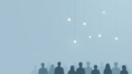 minimalistic photo of diverse silhouettes collaborating under floating light bulbs against soft grey background with