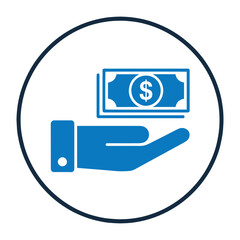 Save Money Icon – Blue Vector Illustration of Hand Holding Dollar Bill for Finance, Banking, Budgeting, and Investment Concepts