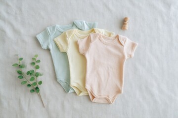 flat view of pastel baby onesies wooden teether and plant on linen cloth clear copy space above