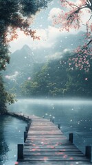 Walking on Wooden Pier in Serene Lake with Mountain Backdrop