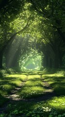 Walking Through Lush Forest Trail with Sunlight Streaming Through Trees