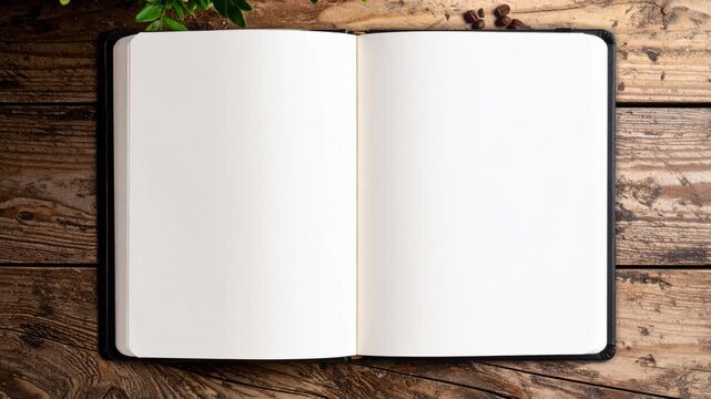 Flat lay of an open diary or planner with empty pages on a weathered wood background. A green plant and roasted coffee beans decorate the creative workspace. Copy space for text, design or notes.