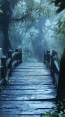 Walking on Wooden Bridge During Rain in a Green Forest