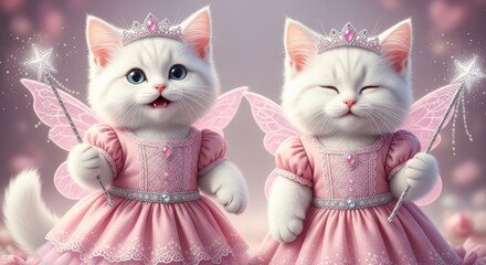 Two Adorable White Kittens Dressed as Fairies with Wands and Sparkly Tiaras Wearing Pink Dresses