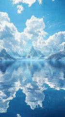Reflecting Lake Surrounded by Snowy Mountains Under Cloudy Sky
