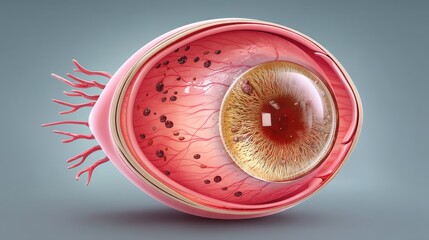 Detailed anatomical rendering of an eye showing retinal blood vessels and damage caused by diabetic retinopathy, a diabetes complication.

