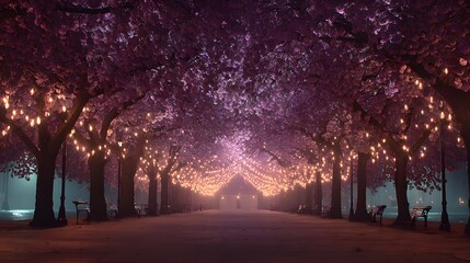 A pathway lined with blossoming cherry trees, adorned with warm lights.