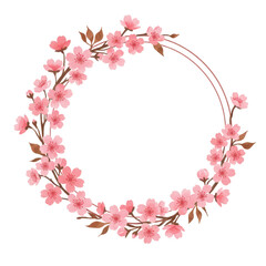 Sakura round frame with floral elements, spring watercolor wreath illustration