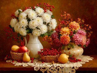 Autumn Floral Bouquet with Fresh Fruits on Lace-Covered Table Still Life