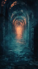 Walking Through Stone Archway with Glowing Light and Fog