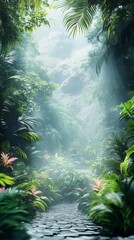 Walking the Jungle Path with Lush Greenery and Misty Light