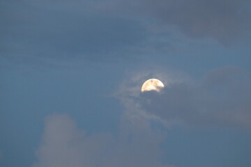 Moon in the Sky: A celestial dance unfolds as a luminous moon peeks through a veil of ethereal clouds, casting a soft glow across the vast expanse of the twilight sky.